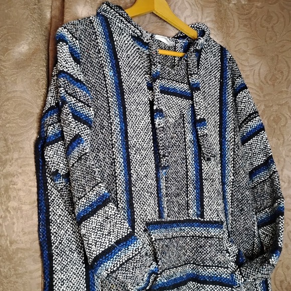 BAJA Hoodie Men XL Blue Black Gray Striped Hooded Pullover Vintage Y2K - 7 - Picture 3 of 16